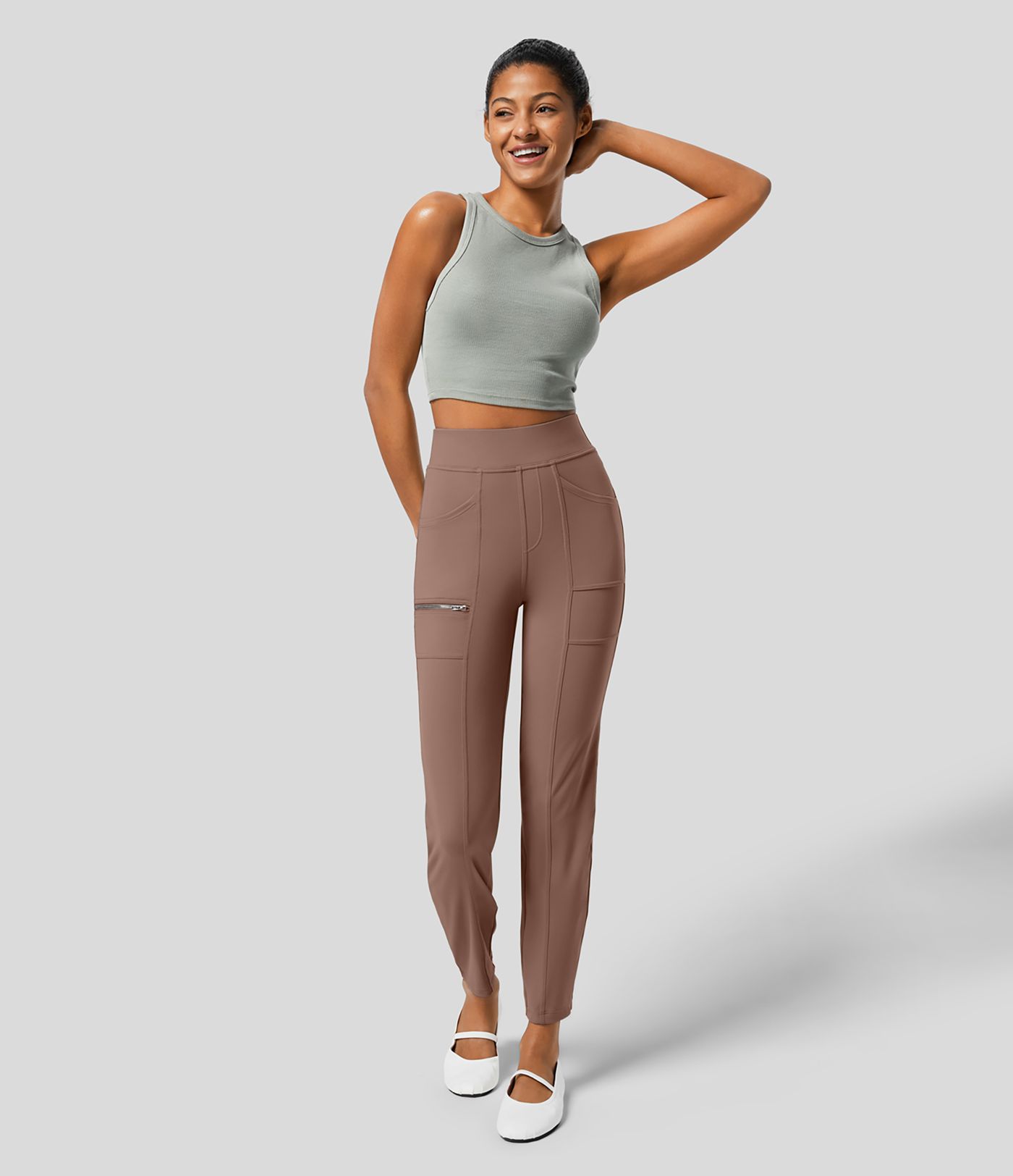 High Waisted Pockets Zipper Casual Slim Pants