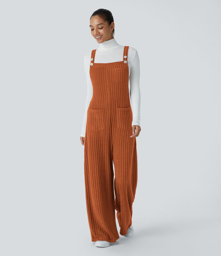 Salopette décontractée en maille côtelée avec bretelles ajustables, boutons et multiples poches