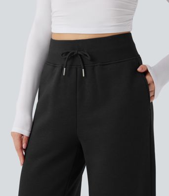 Pantalones casuales de pierna ancha de felpa con cintura alta, cordón y abertura lateral con bolsillos Pantalones casuales de pierna ancha de felpa con cintura alta, cordón y abertura lateral con bolsillos