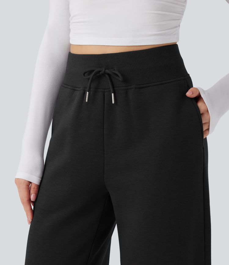 Pantalones casuales de pierna ancha de felpa con cintura alta, cordón y abertura lateral con bolsillos Pantalones casuales de pierna ancha de felpa con cintura alta, cordón y abertura lateral con bolsillos