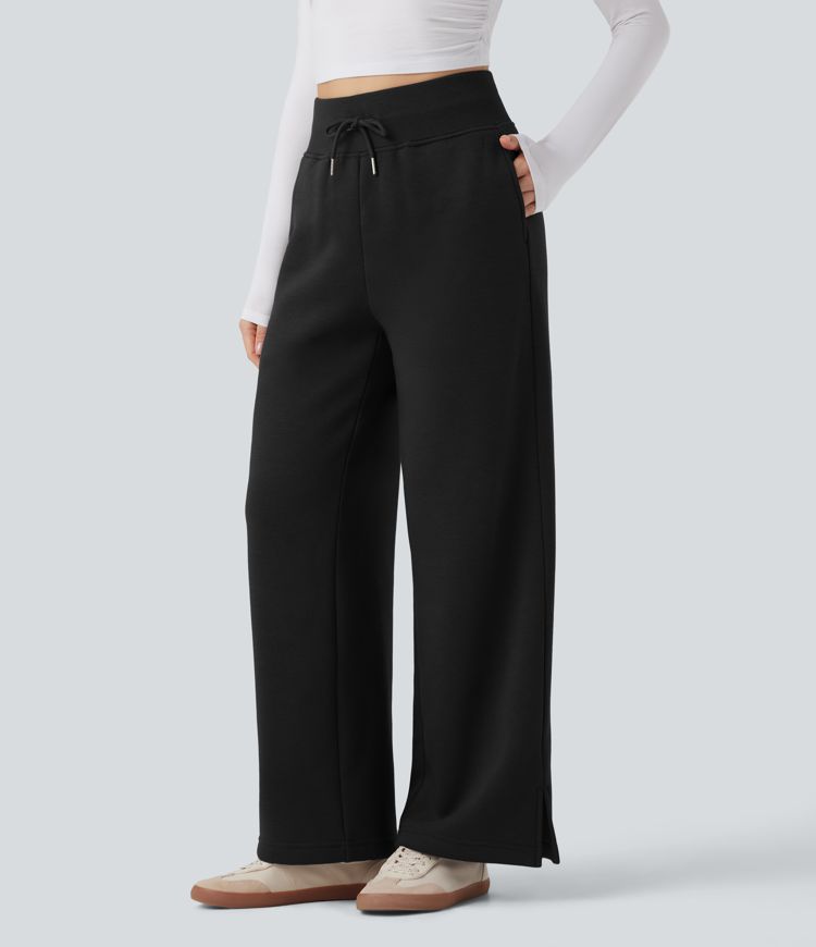 Pantalones casuales de pierna ancha de felpa con cintura alta, cordón y abertura lateral con bolsillos Pantalones casuales de pierna ancha de felpa con cintura alta, cordón y abertura lateral con bolsillos