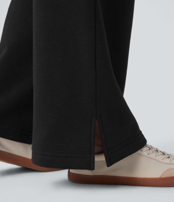Pantalones casuales de pierna ancha de felpa con cintura alta, cordón y abertura lateral con bolsillos Pantalones casuales de pierna ancha de felpa con cintura alta, cordón y abertura lateral con bolsillos