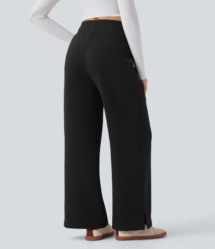 Pantalones casuales de pierna ancha de felpa con cintura alta, cordón y abertura lateral con bolsillos Pantalones casuales de pierna ancha de felpa con cintura alta, cordón y abertura lateral con bolsillos