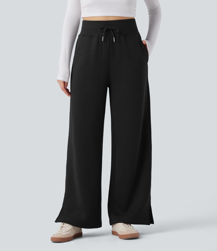 Pantalones casuales de pierna ancha de felpa con cintura alta, cordón y abertura lateral con bolsillos Pantalones casuales de pierna ancha de felpa con cintura alta, cordón y abertura lateral con bolsillos