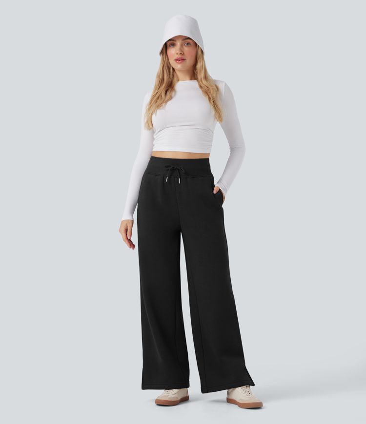 Pantalones casuales de pierna ancha de felpa con cintura alta, cordón y abertura lateral con bolsillos Pantalones casuales de pierna ancha de felpa con cintura alta, cordón y abertura lateral con bolsillos