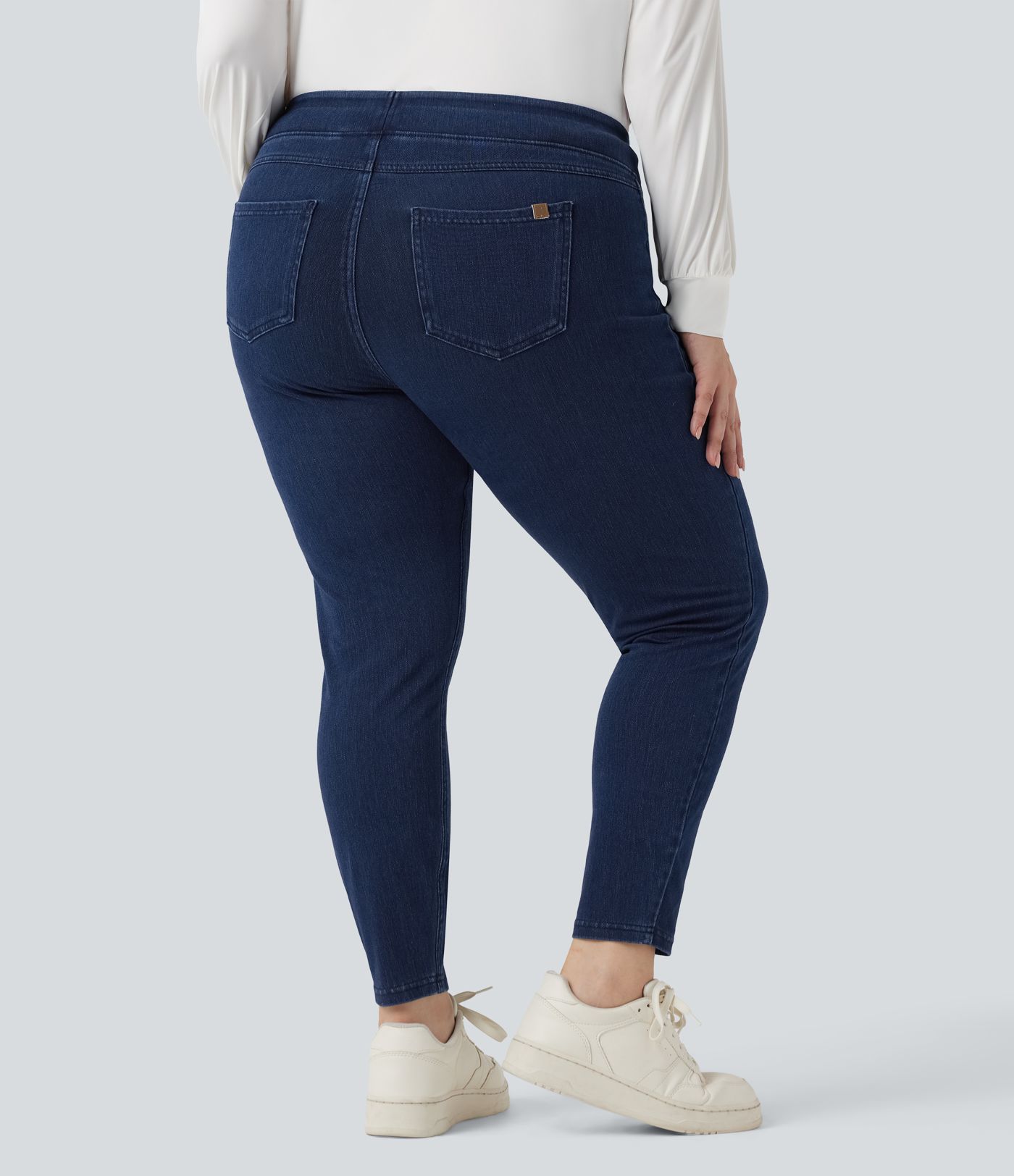 Halara Flex™ Plus Size Jeans Jeggings aus elastischem Strick-Denim mit hohem Bund und Gesäßtaschen