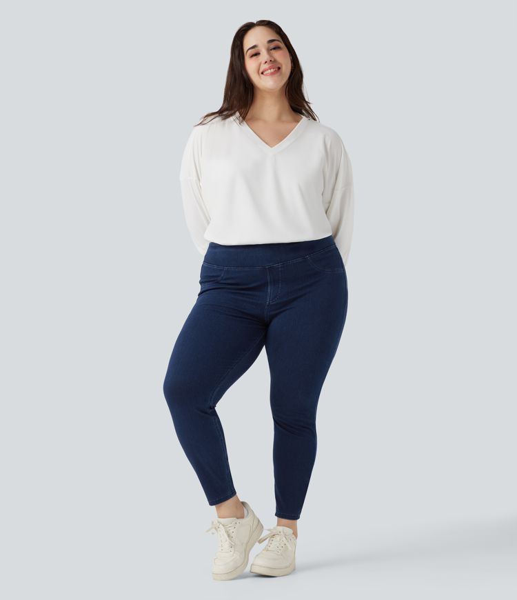 Halara Flex™ Plus Size Jeans Jeggings aus elastischem Strick-Denim mit hohem Bund und Gesäßtaschen