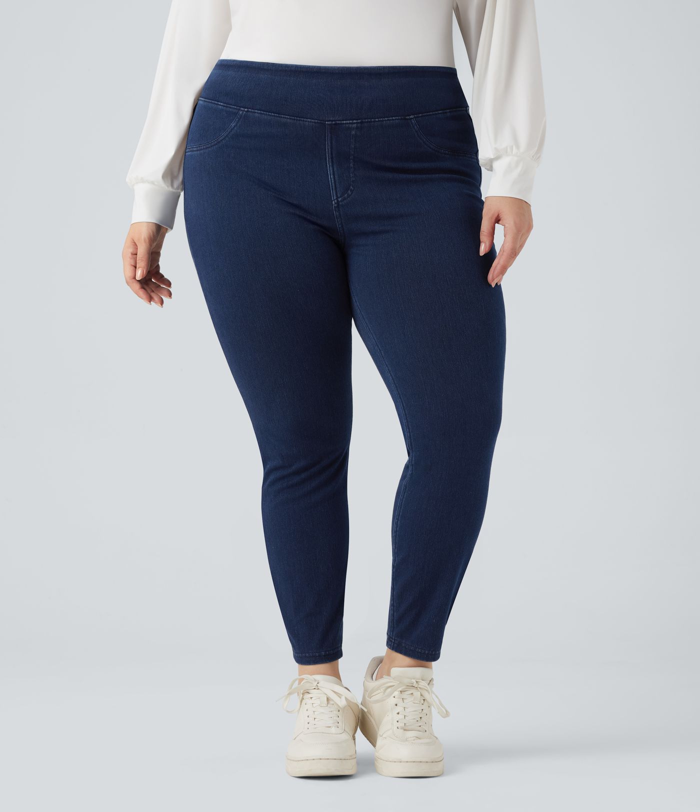 Halara Flex™ Plus Size Jeans Jeggings aus elastischem Strick-Denim mit hohem Bund und Gesäßtaschen