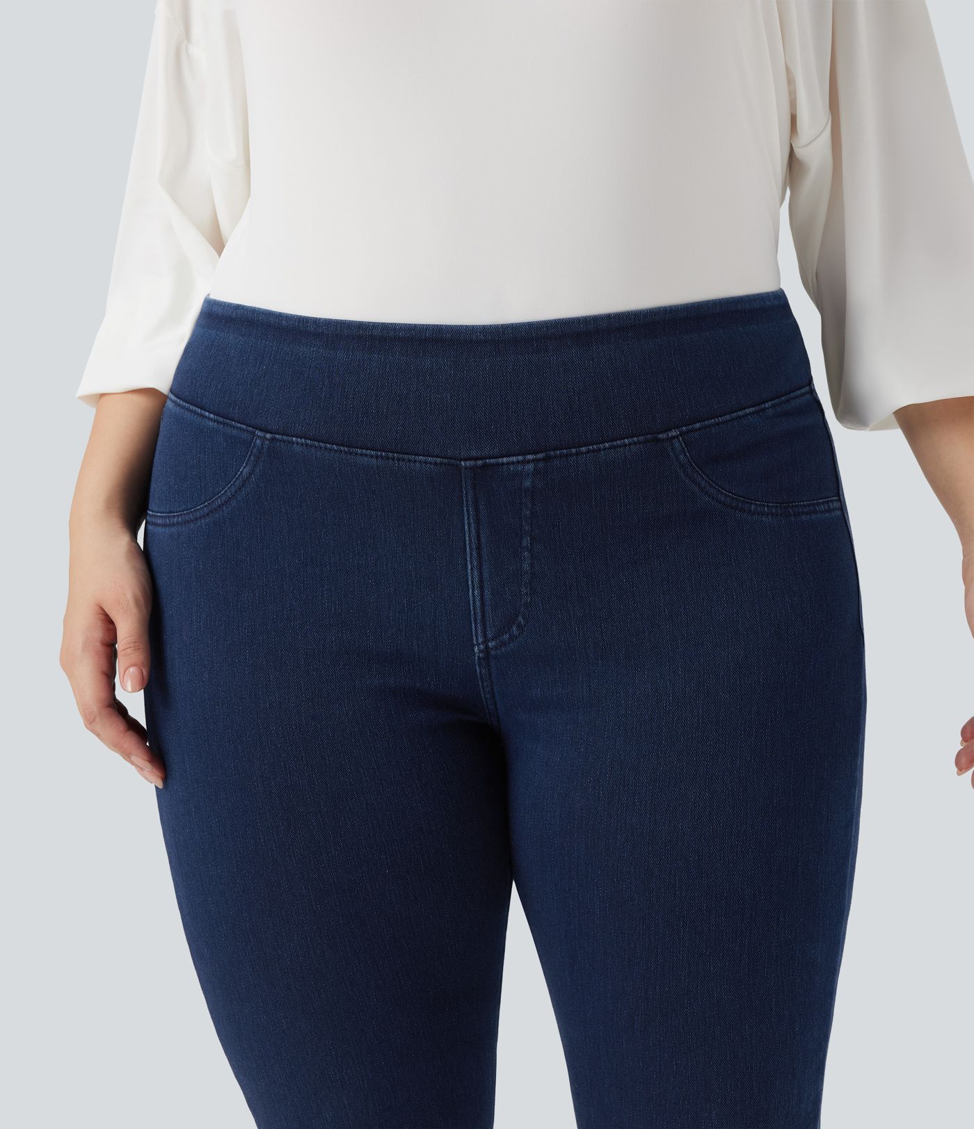 Halara Flex™ Plus Size Jeans Jeggings aus elastischem Strick-Denim mit hohem Bund und Gesäßtaschen