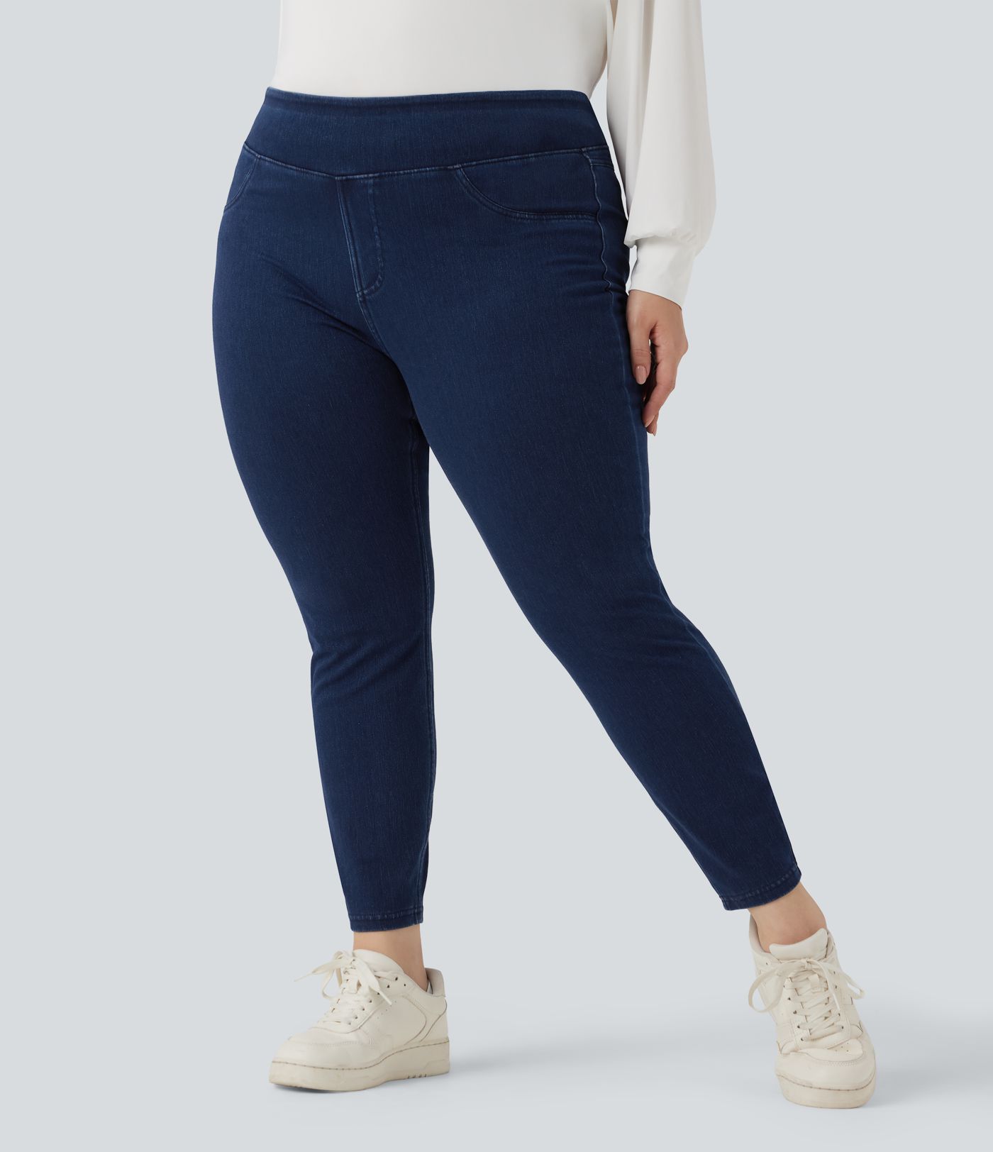 Halara Flex™ Plus Size Jeans Jeggings aus elastischem Strick-Denim mit hohem Bund und Gesäßtaschen