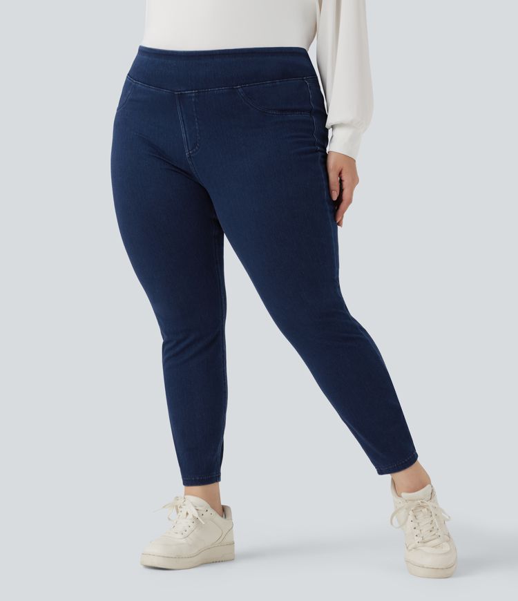Halara Flex™ Plus Size Jeans Jeggings aus elastischem Strick-Denim mit hohem Bund und Gesäßtaschen