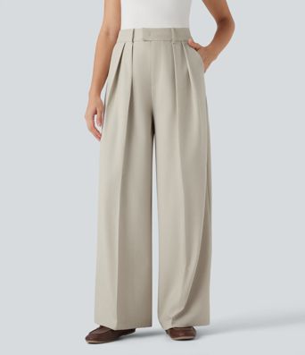 High Waisted Wide Leg Suit Work Linen-Feel Pants with Pockets