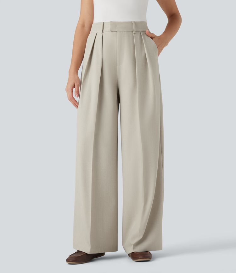 Anti-Wrinkle High Waisted Wide Leg Work Linen-Feel Pants with Pockets