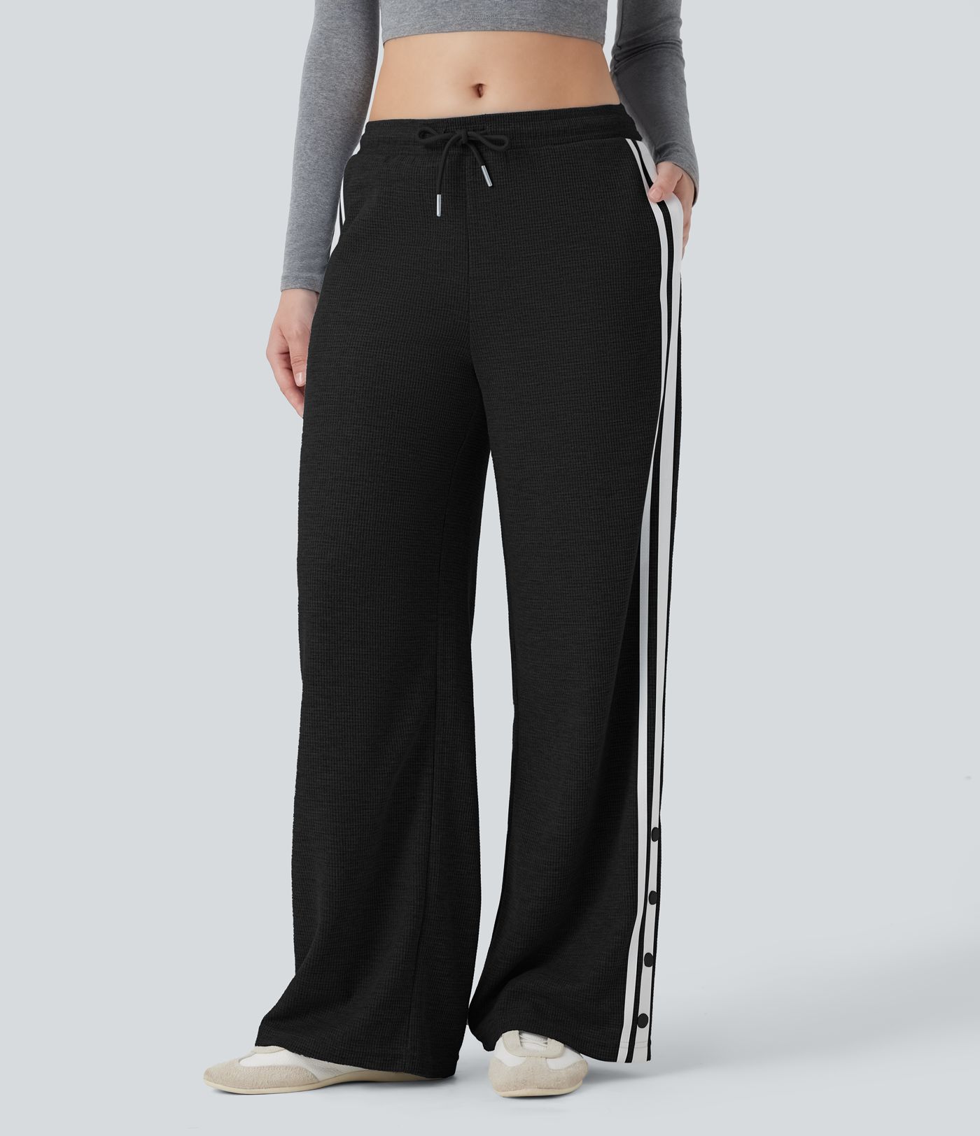 Pantalones casuales de pierna ancha con bolsillos, cintura baja, cordón ajustable, botones a presión y diseño en bloques de color