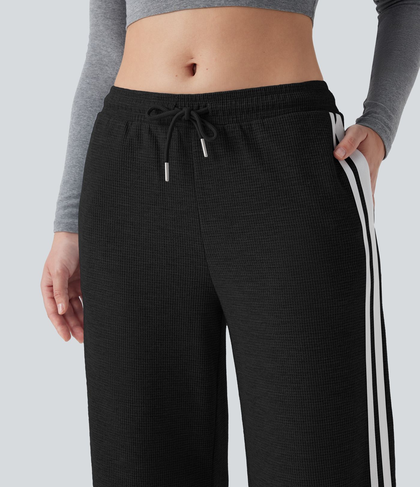 Pantalones casuales de pierna ancha con bolsillos, cintura baja, cordón ajustable, botones a presión y diseño en bloques de color