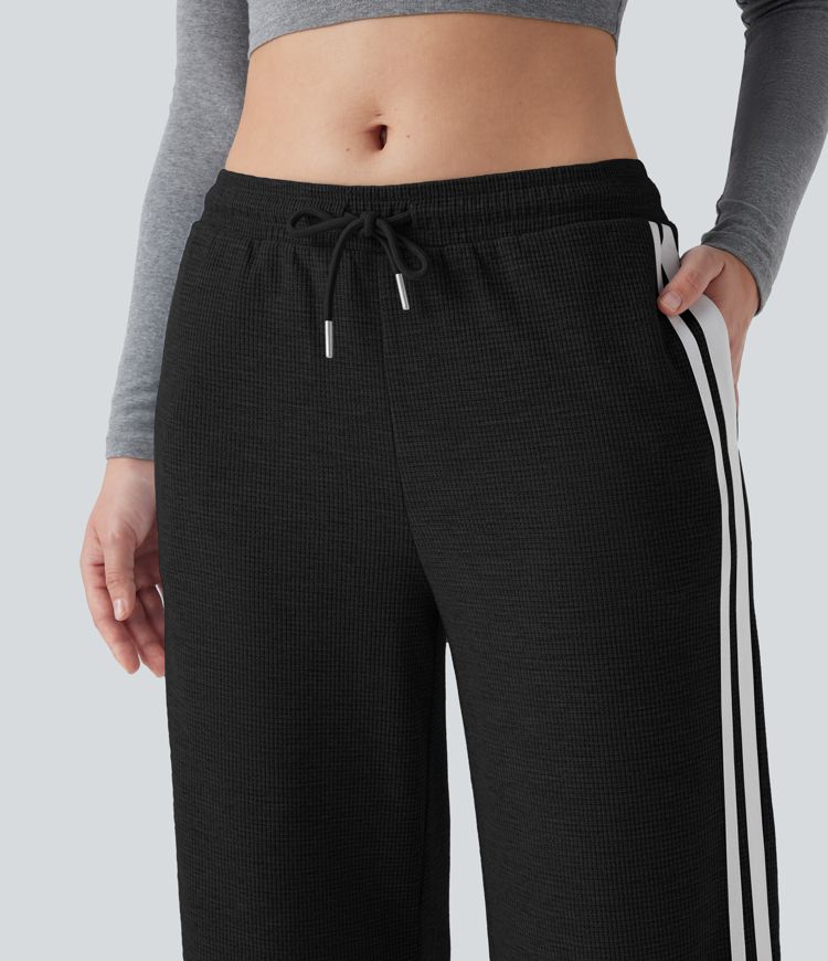 Low Rise Drawstring Color Block Snap Waffle Casual Wide Leg Pants with Pockets