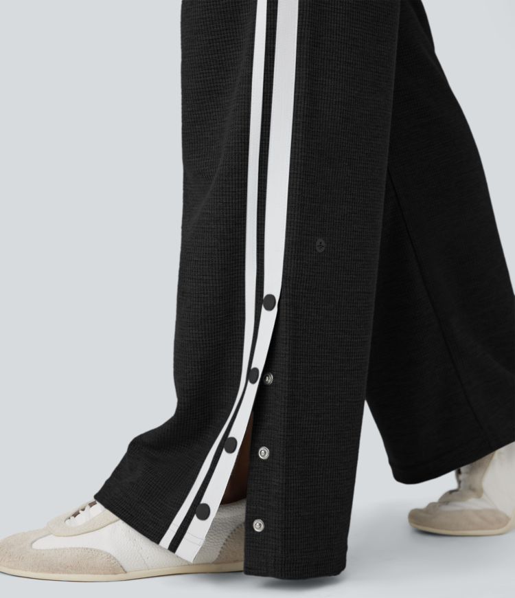 Low Rise Drawstring Color Block Snap Waffle Casual Wide Leg Pants with Pockets