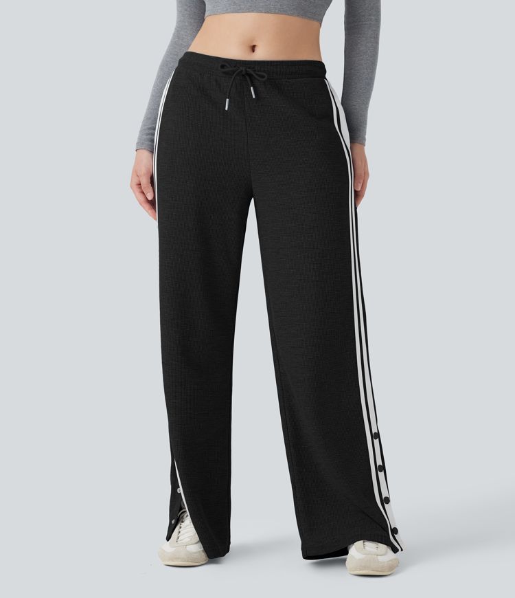 Low Rise Drawstring Color Block Snap Waffle Casual Wide Leg Pants with Pockets