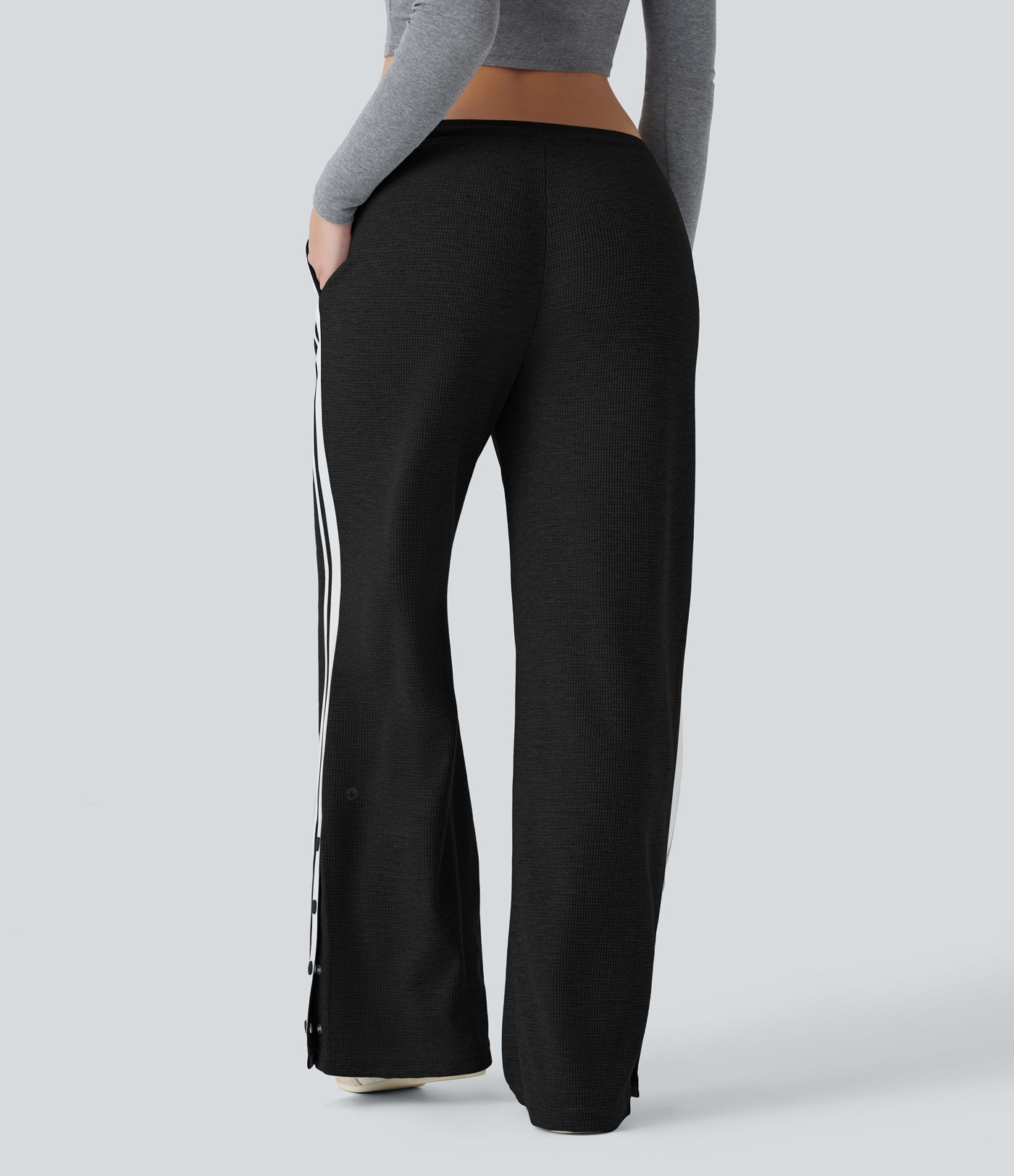 Pantalones casuales de pierna ancha con bolsillos, cintura baja, cordón ajustable, botones a presión y diseño en bloques de color