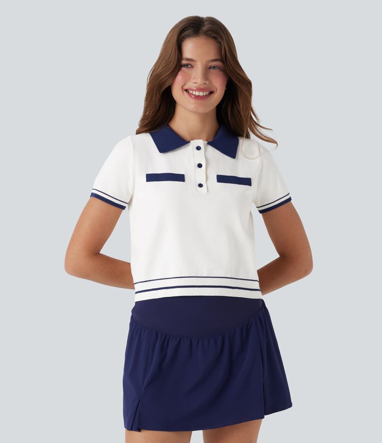 Polo Button Front Short Sleeve Casual Sweater Knit Top