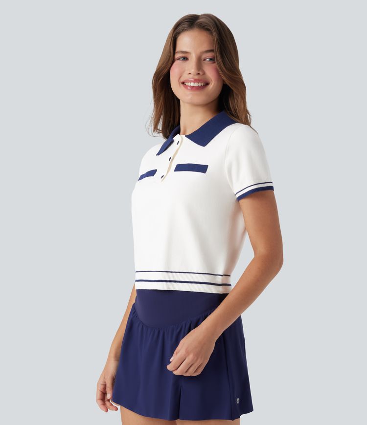 Suéter casual de punto de manga corta con botones delanteros tipo polo