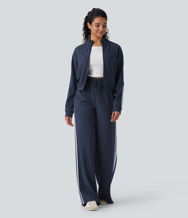 Ribbed High Waisted Tummy Control Drawstring Wide Leg Color Block Casual Pants with Pockets