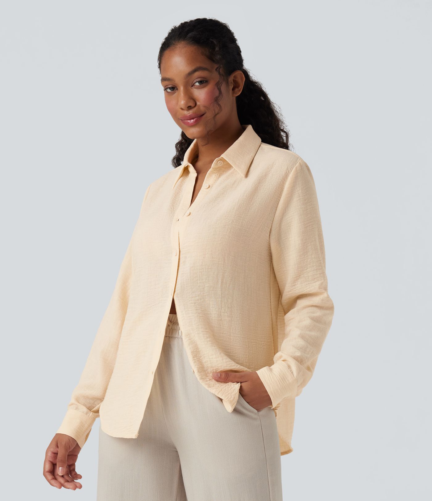 Collar Long Sleeve Curved Hem Relaxed Casual Linen-Feel Shirt