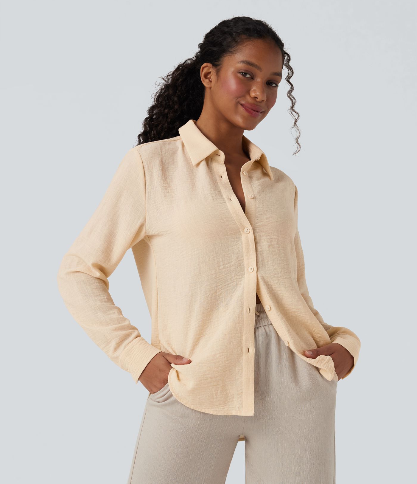Collar Long Sleeve Curved Hem Relaxed Casual Linen-Feel Shirt