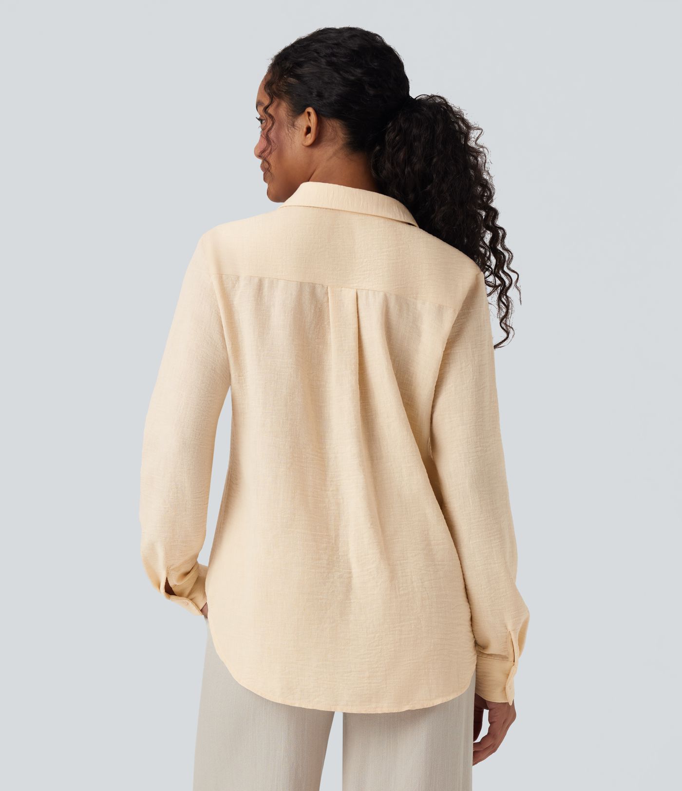 Collar Long Sleeve Curved Hem Relaxed Casual Linen-Feel Shirt