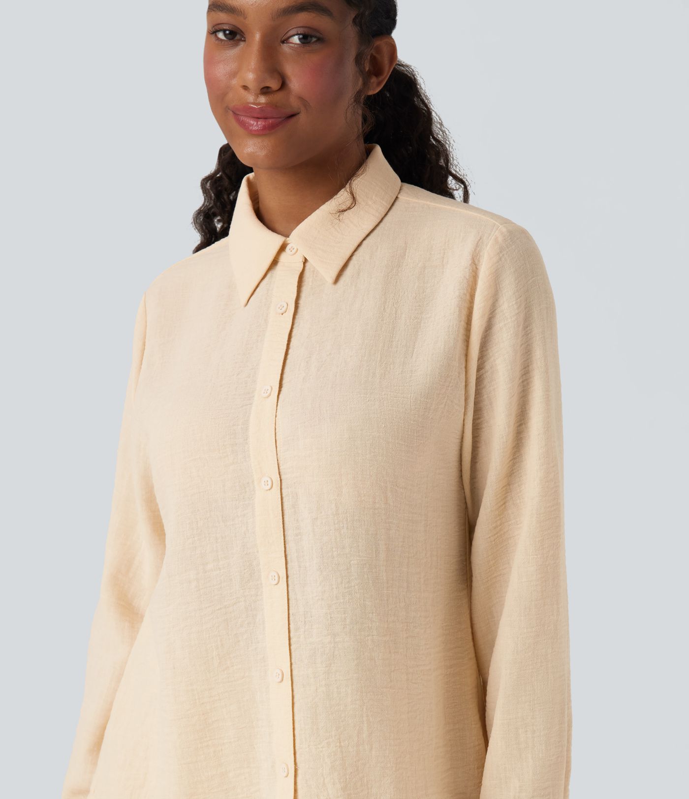 Collar Long Sleeve Curved Hem Relaxed Casual Linen-Feel Shirt