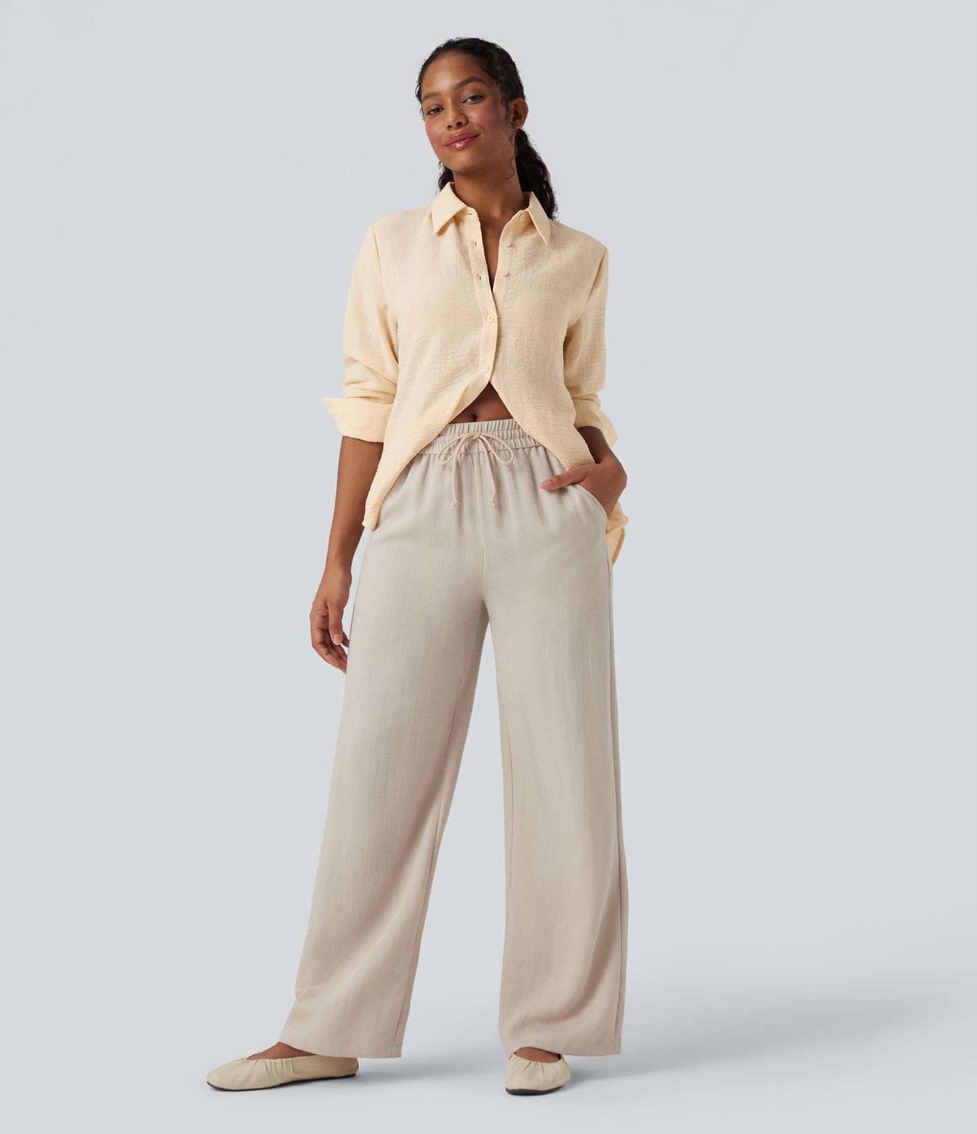 Collar Long Sleeve Curved Hem Relaxed Casual Linen-Feel Shirt