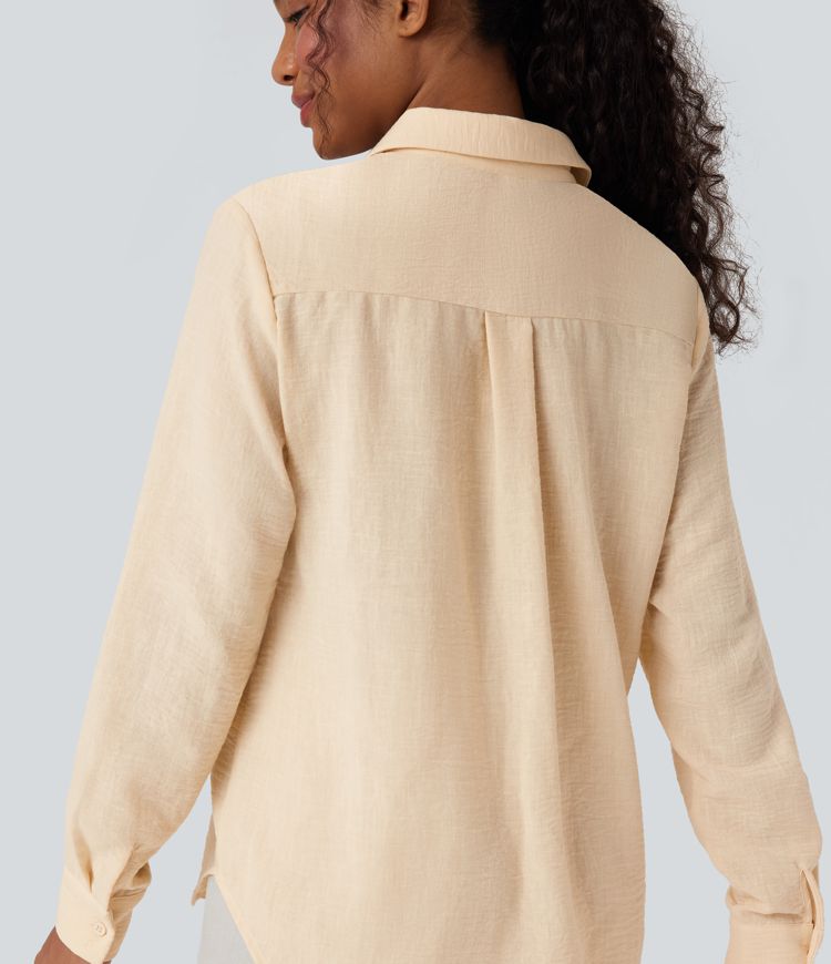 Collar Long Sleeve Curved Hem Relaxed Casual Linen-Feel Shirt