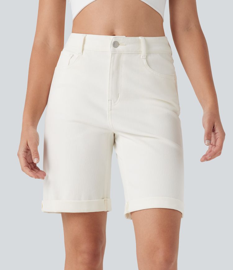 Halara Flex™ High Waisted Pockets Rolled Hem Washed Denim Casual Bermuda Shorts