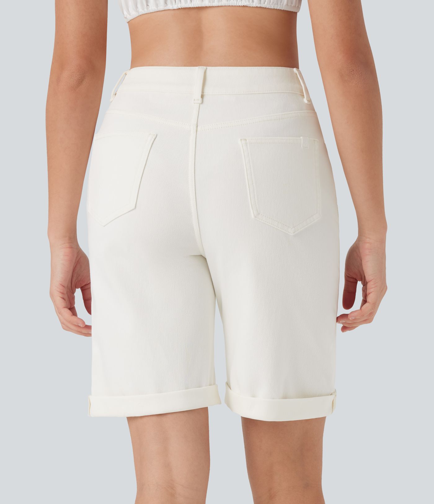 Halara Flex™ High Waisted Pockets Rolled Hem Washed Denim Casual Bermuda Shorts