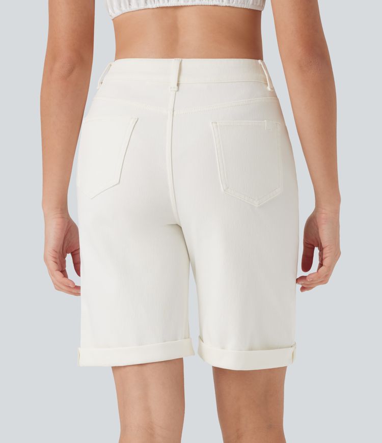 Halara Flex™ High Waisted Pockets Rolled Hem Washed Denim Casual Bermuda Shorts