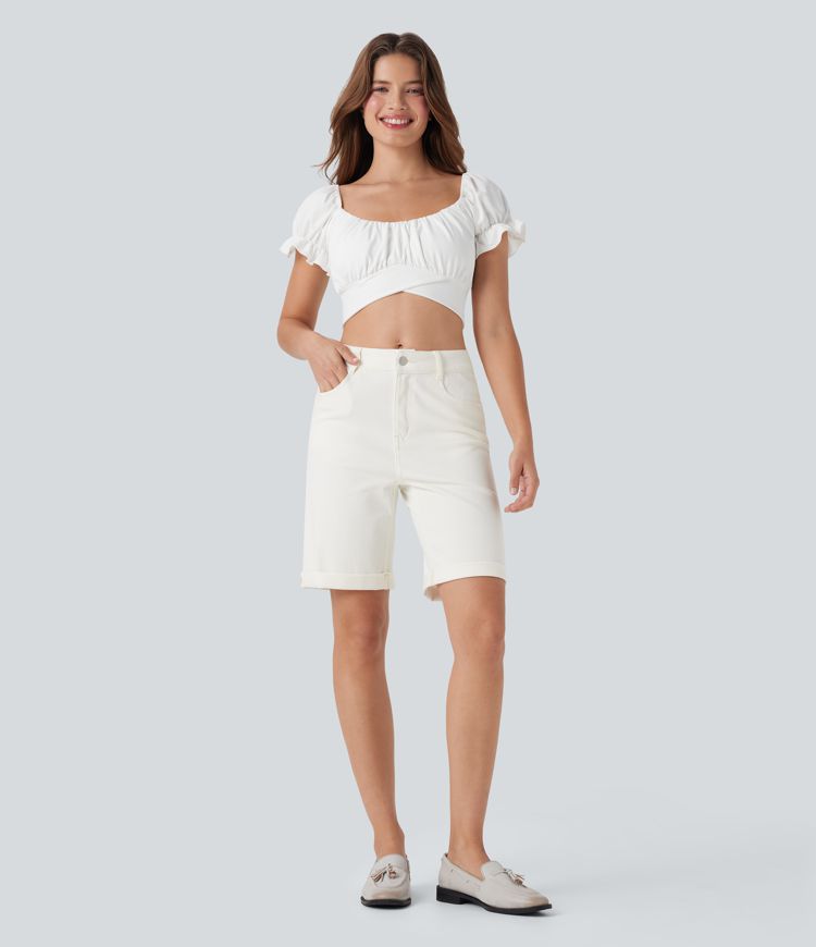 Halara Flex™ High Waisted Pockets Rolled Hem Washed Denim Casual Bermuda Shorts