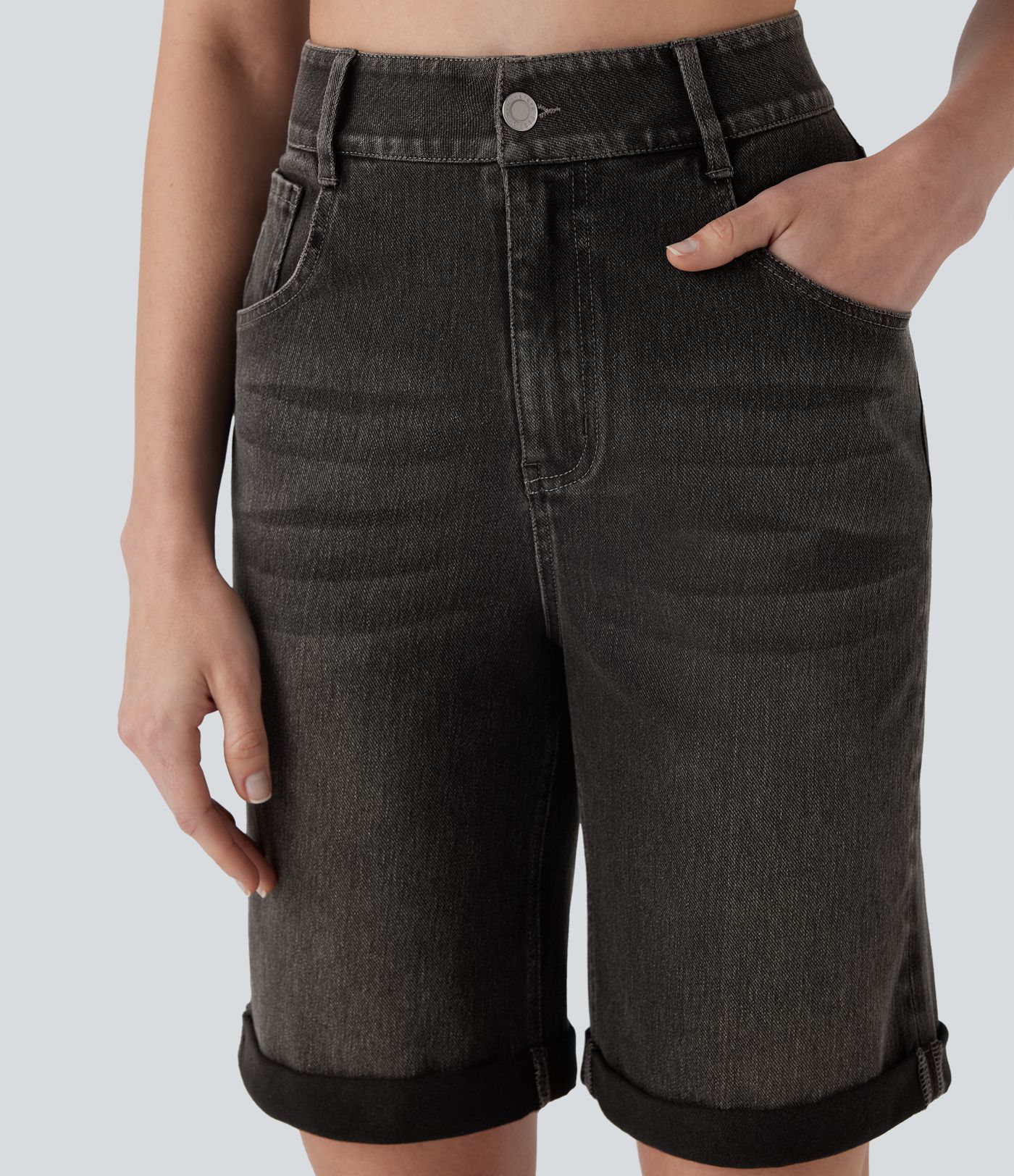 Halara Flex™ High Waisted Pockets Rolled Hem Washed Denim Women Casual Bermuda Shorts