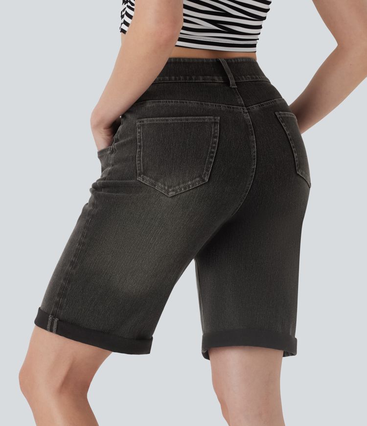 Halara Flex™ High Waisted Pockets Rolled Hem Washed Denim Women Casual Bermuda Shorts