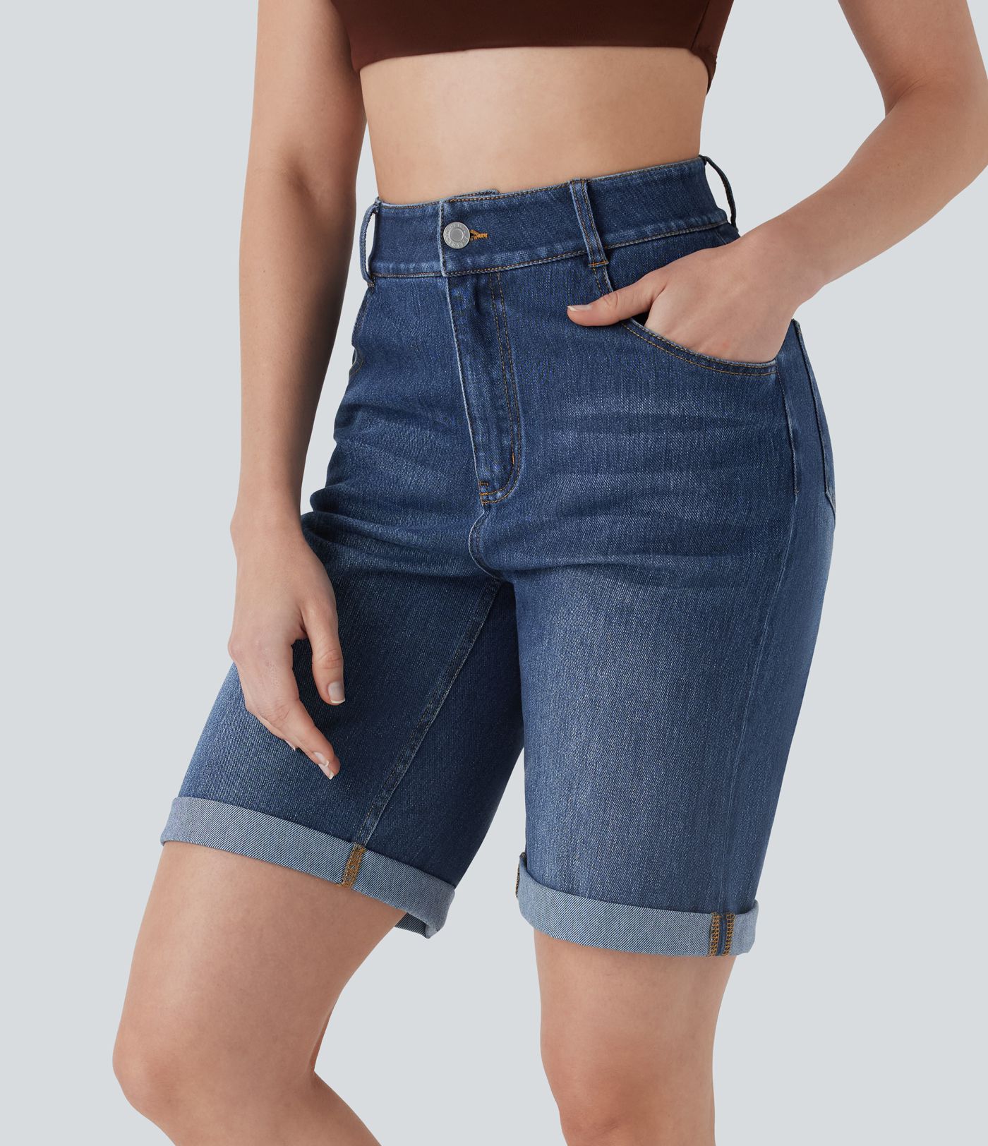 Halara Flex™ High Waisted Pockets Rolled Hem Washed Denim Casual Bermuda Shorts