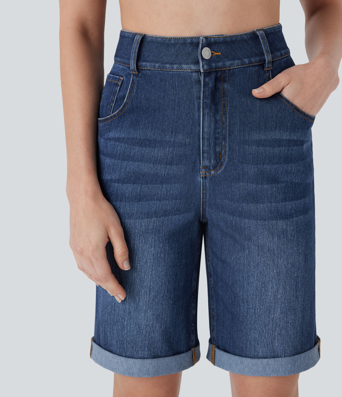 Halara Flex™ High Waisted Pockets Rolled Hem Washed Denim Casual Bermuda Shorts