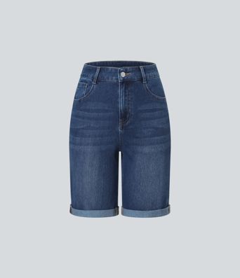 Halara Flex™ High Waisted Pockets Rolled Hem Washed Denim Casual Bermuda Shorts