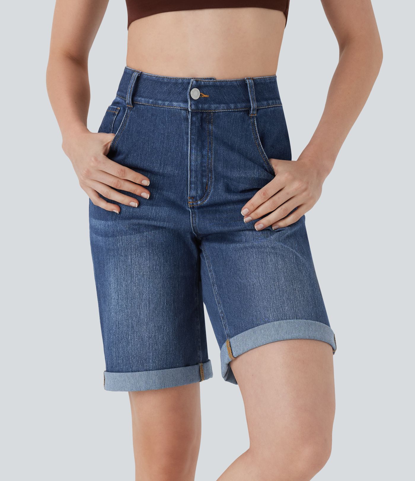 Halara Flex™ High Waisted Pockets Rolled Hem Washed Denim Casual Bermuda Shorts