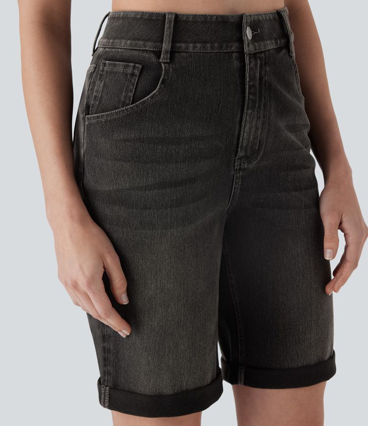 Halara Flex™ High Waisted Pockets Rolled Hem Washed Denim Women Casual Bermuda Shorts