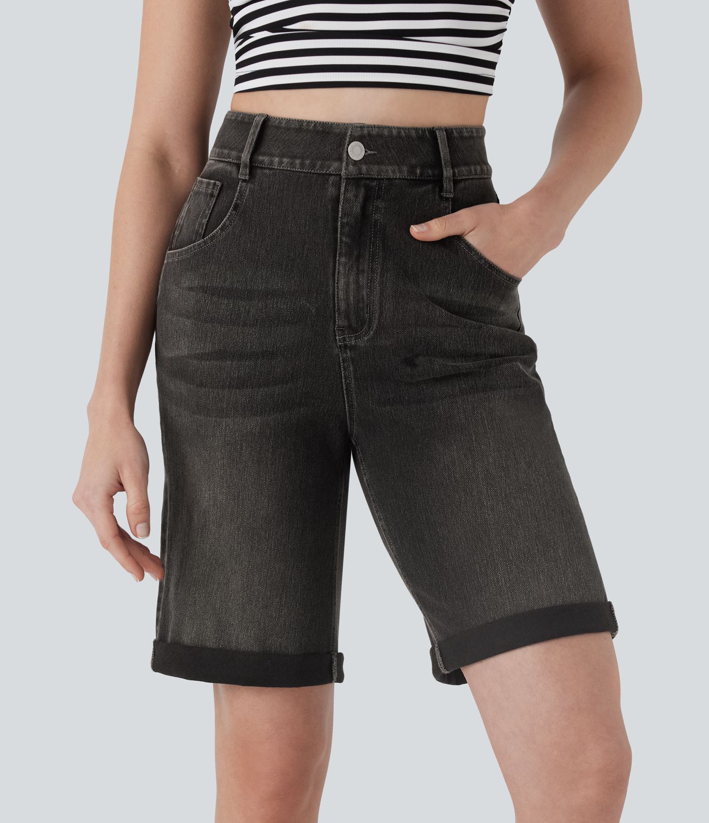 Halara Flex™ High Waisted Pockets Rolled Hem Washed Denim Women Casual Bermuda Shorts