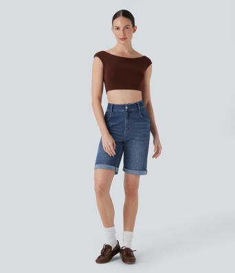 Halara Flex™ High Waisted Pockets Rolled Hem Washed Denim Casual Bermuda Shorts