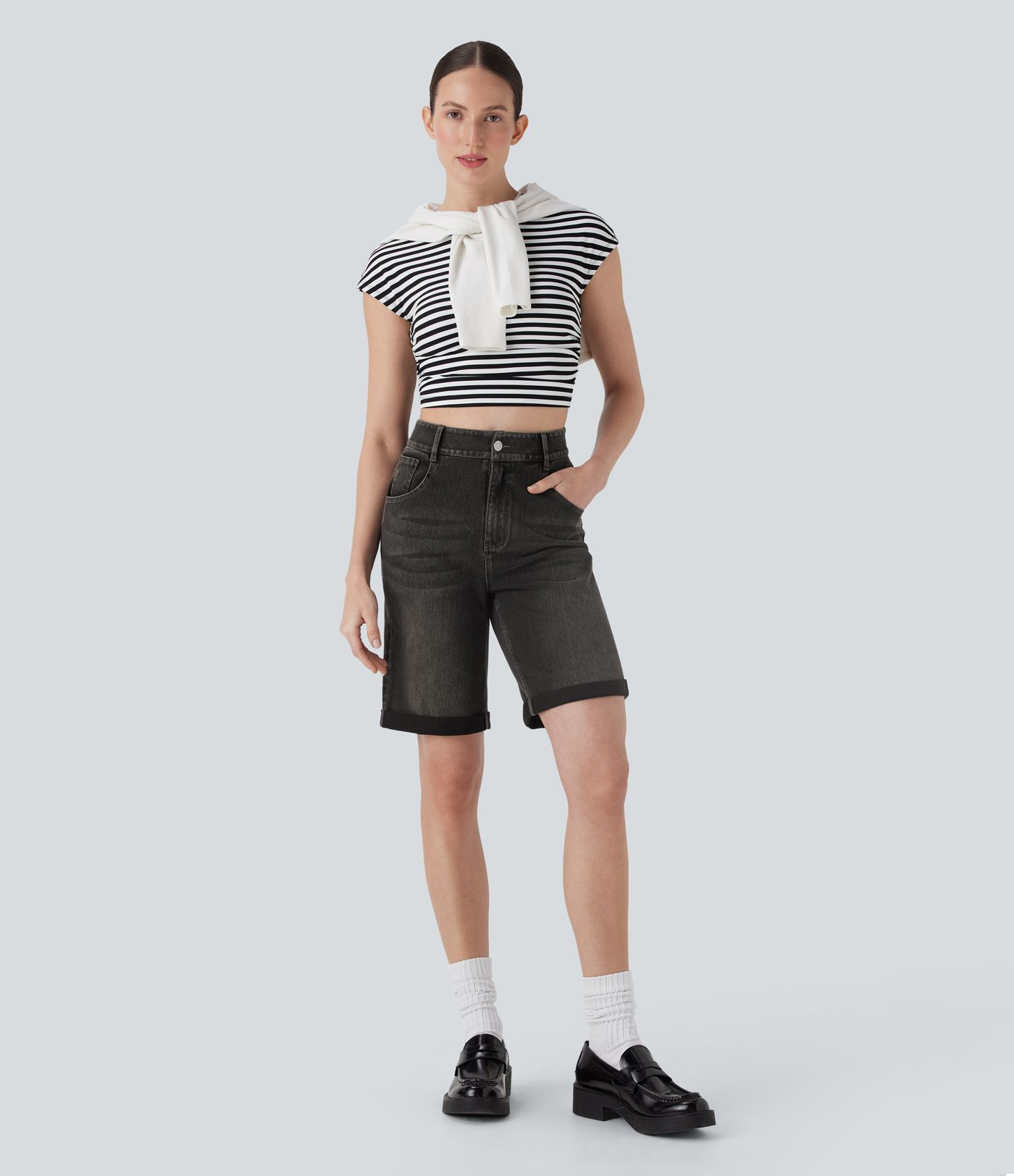 Halara Flex™ High Waisted Pockets Rolled Hem Washed Denim Women Casual Bermuda Shorts