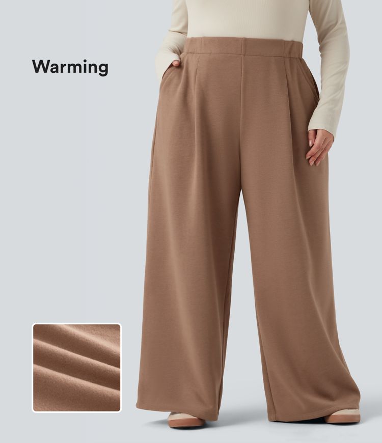 Plus Size High Waisted Wide Leg Fleece Casual Pants with Pockets