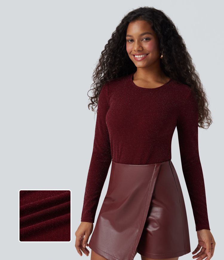 Round Neck Long Sleeve Metallic Top