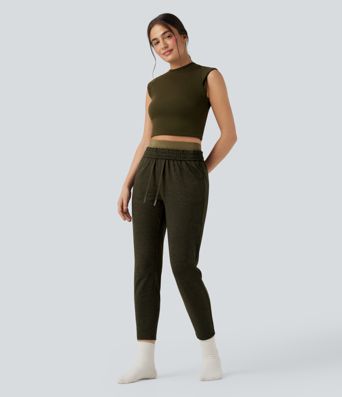 Mid Rise Drawstring Quick Dry Lounge Heathered Pants with Pockets-UPF40+ Mid Rise Drawstring Quick Dry Lounge Heathered Pants with Pockets-UPF40+