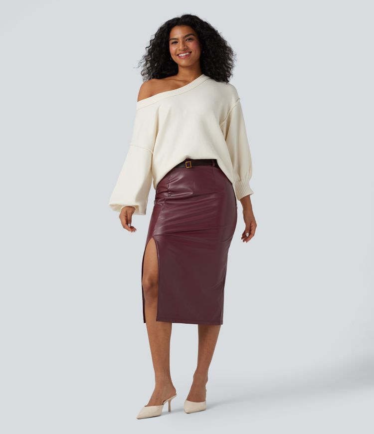 High Waisted Tummy Control 2-in-1 Midi Casual PU Leather Skirt
